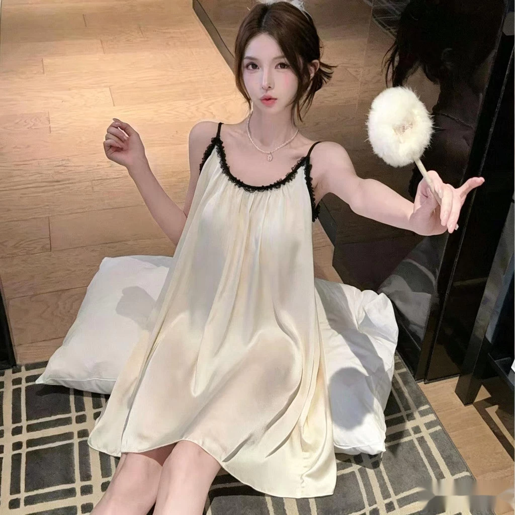 2026 Mới Ice Silk Váy Ngủ Gợi Cảm Cho Nữ Ren Mặc Nhà Có Miếng Lót Ngực