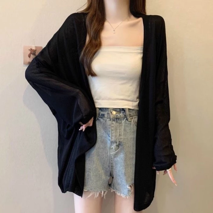 Áo cardigan chống nắng siêu thần tiên Tencel dài vừa phải dành cho nữ với khăn choàng mỏng và