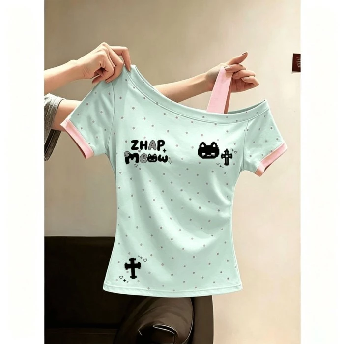 Áo thun ngắn tay lệch vai bằng cotton nguyên chất màu xanh bạc hà dành cho trẻ em, mỏng và đa năng,