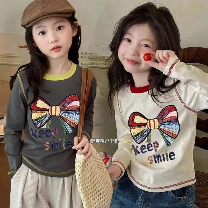 Áo thun dài tay cotton nguyên chất mùa xuân thu cho bé gái lớn hơn và bé sơ mi đáy đa năng Hàn Quốc