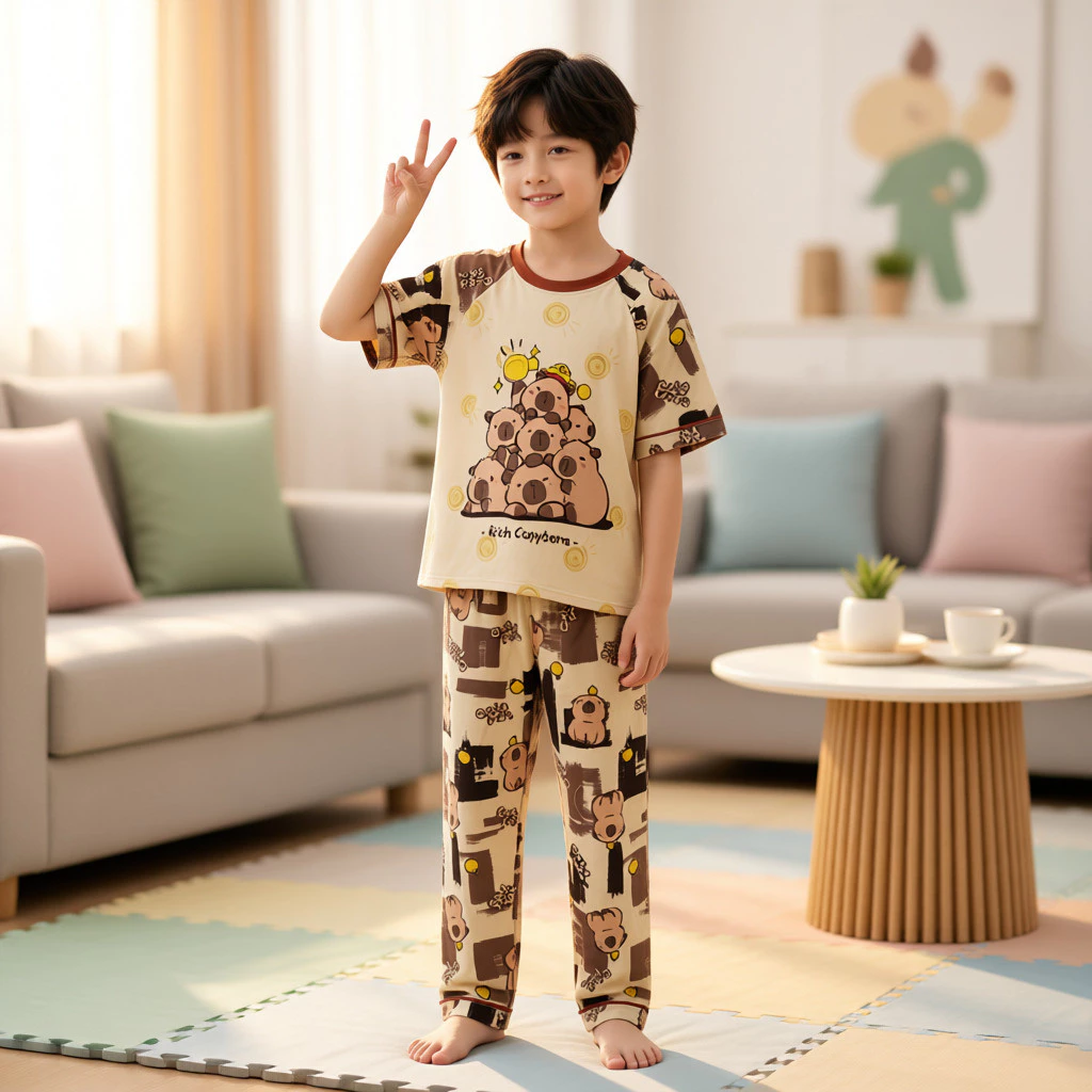 Phong Cách Hoạt Hình Trẻ Em Đồ Ngủ Mùa Hè Họa Tiết Capybara Chất Liệu Cotton Như Cho Trẻ Em
