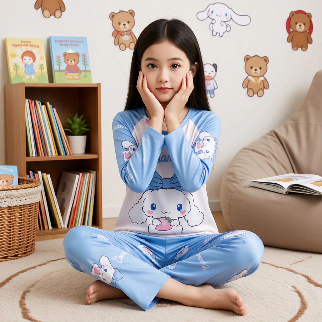 Bộ đồ ngủ lụa sữa phong cách hoạt hình dễ thương tại nhà Áo thun cổ tròn giải trí cho trẻ em