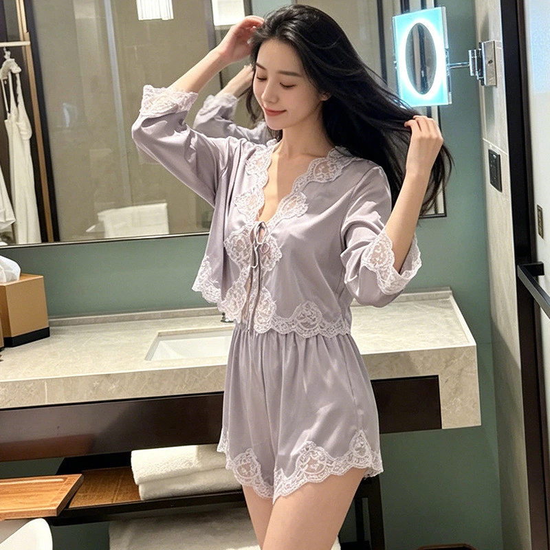 Bộ Đồ Ngủ Bằng Lụa Băng Cho Nữ Mùa Hè Mỏng Gợi Cảm Cổ Chữ V Ren Tay Ngắn Quần Short Đồ Ngủ