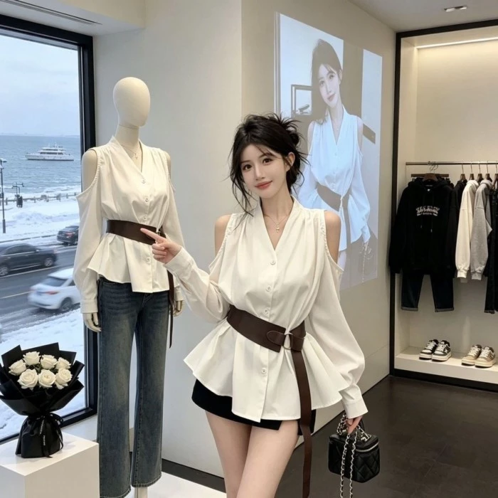 Thắt lưng trễ vai khí chất, áo sơ mi dài tay che eo, áo thun giảm béo sang trọng mùa thu phong cách