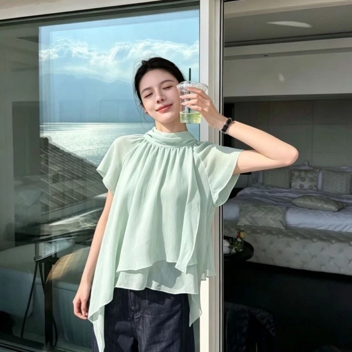 Áo sơ mi ngắn tay không đều kiểu Pháp Streamer thiết kế nữ áo sơ mi voan giảm béo