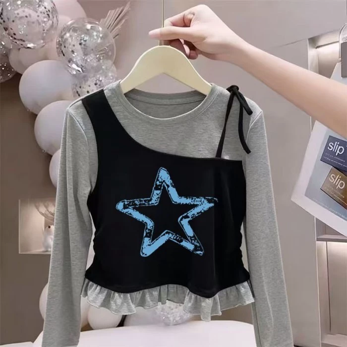 Áo thun dài tay giả hai mảnh dành cho bé gái phong cách mới cỡ vừa và lớn dành cho trẻ em áo thun c