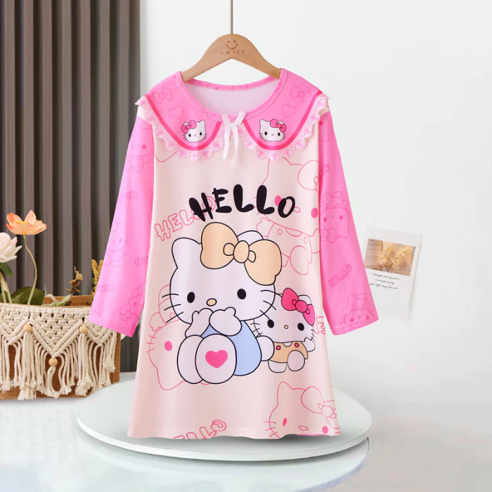 Hello Kitty Phong Cách Chủ Đề Mùa Xuân Thu Bé Gái Váy Ngủ Thoáng Khí Thoải Mái Mềm Mại & Thân Thiện Với Da Cho Học Sinh Tiểu Học