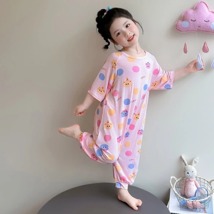 Quần áo mặc nhà bé gái Bộ đồ ngủ một mảnh mùa hè lụa băng mỏng bé gái 7 tay áo điều hòa quần áo chố