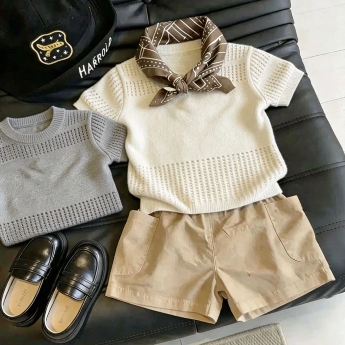 Áo phông dệt kim ngắn tay mùa hè dành cho nam và nữ bằng lụa băng rỗng dành cho trẻ em Old Money dệ