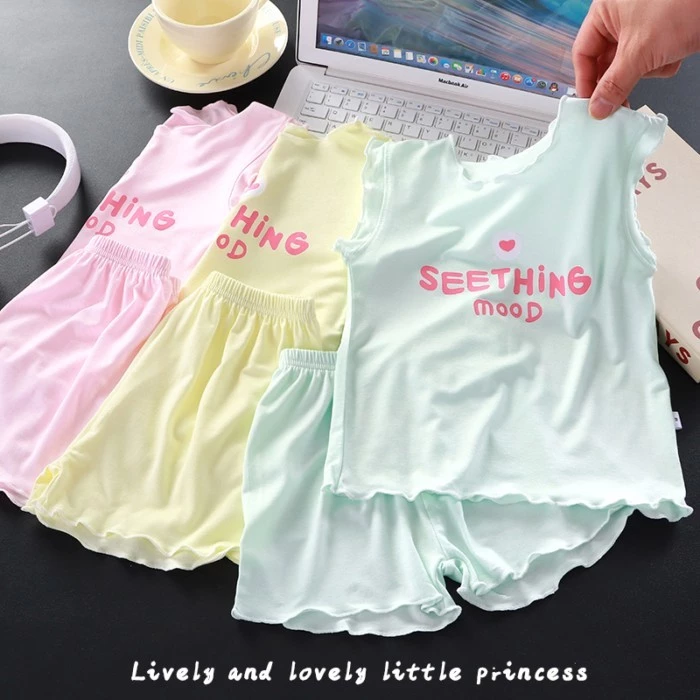 Bộ đồ bé gái, đồ mặc nhà trẻ em, đồ ngủ trẻ em, quần áo mỏng máy lạnh mùa hè, bộ đồ hai mảnh, quần