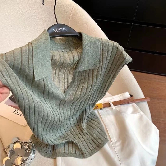 Korean Style Pit Striped Polo Collar Sweater With Light Luxury Temperament And Slimming Top