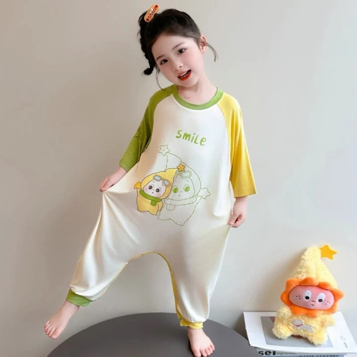 Bộ đồ ngủ một mảnh trẻ em mùa xuân, mùa thu và mùa hè Modal điều hòa không khí cho bé quần áo mặc ở