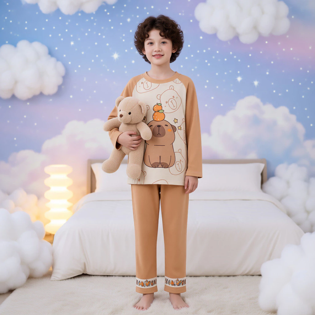 Phong Cách Thường Ngày Xuân Thu Hoạt Hình Homewear Thoải Mái Bộ Đồ Ngủ Giả Vải Cotton Cho Học Sinh