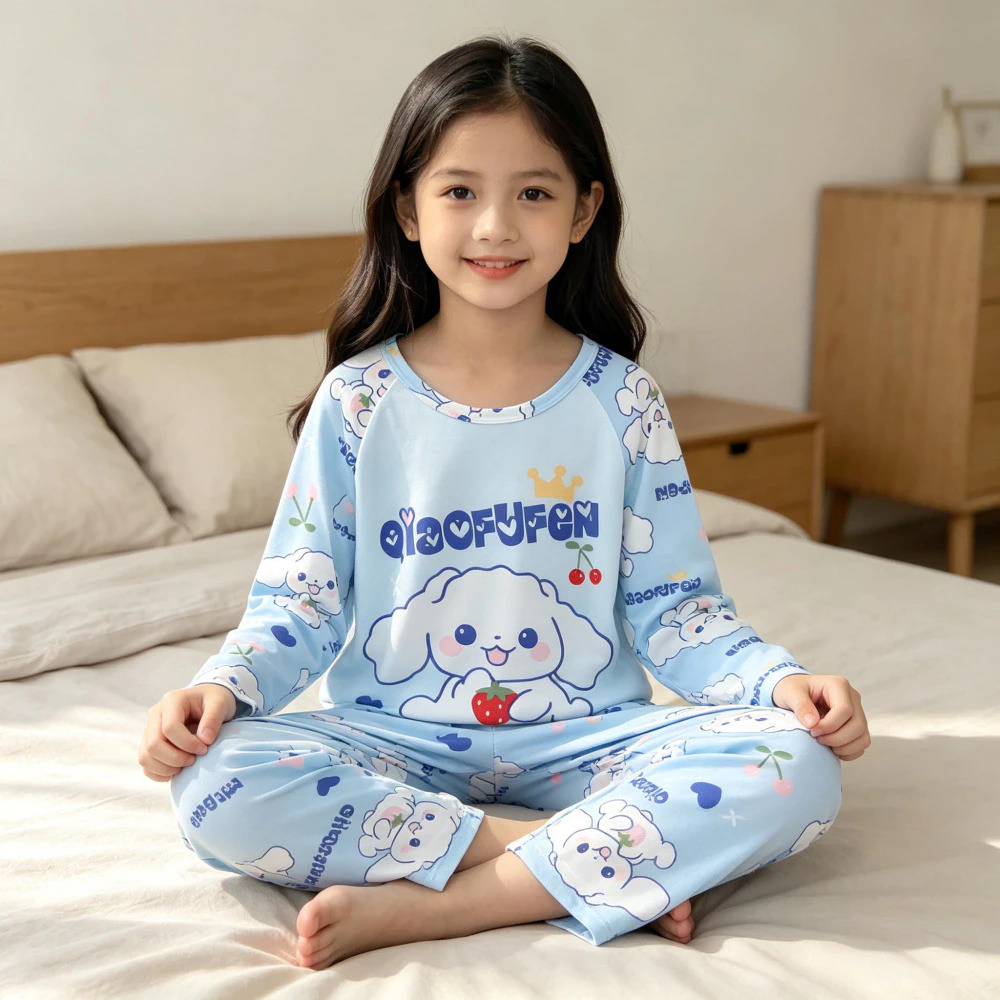 Bộ đồ ngủ cổ tròn phong cách Kawaii Nhật Bản dành cho bé gái Chất liệu thoáng khí và thân thiện với da thoải mái dành cho bé gái