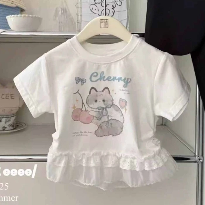 Áo phông bé gái ngọt ngào cổ ren hoạt hình áo cotton ngắn tay cho bé