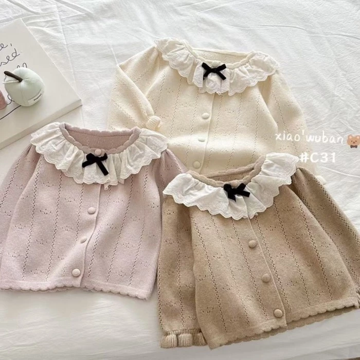Áo len cardigan bé gái mùa xuân áo khoác mỏng thời trang trẻ em áo len dệt kim tay dài bên trong mặ