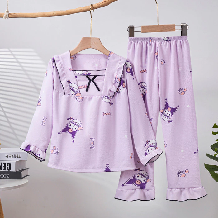 Bộ sưu tập năm mới 2026 Flash Sale Quần áo trẻ em Homely Kid Bộ đồ ngủ dài tay dành cho bé gái Bộ đồ ngủ Kuromi cổ vuông bằng vải cotton cho 3 - 4 tuổi