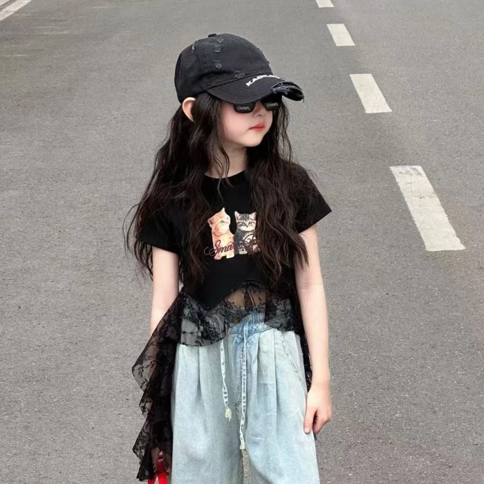 Áo thun ngắn tay bé gái, áo ren chắp vá thời trang cho bé gái, áo phông bé gái cỡ vừa và lớn