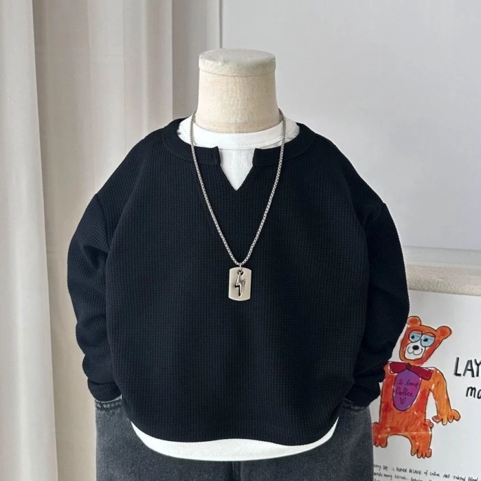 bé trai bánh quế dài tay thu đông bé trai áo thun nguyên chất cotton áo đẹp trai giả hai dây áo