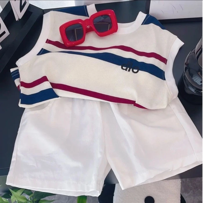 Bộ đồ không tay cho bé trai và bé gái, quần short mùa hè, quần áo mỏng, áo vest cotton sọc hai mảnh