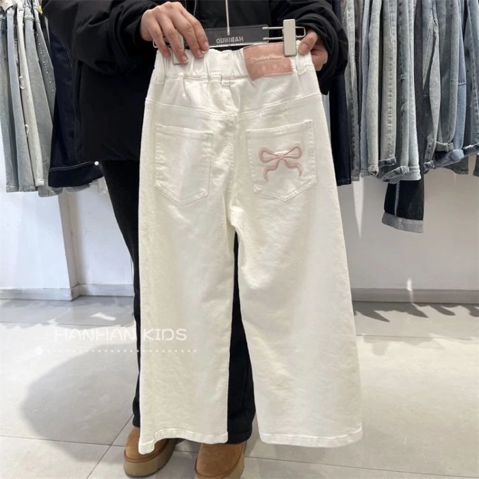 Quần jeans mềm cho bé gái, quần ống suông, quần bé gái mùa xuân, quần ống rộng hẹp cho trẻ em vừa v
