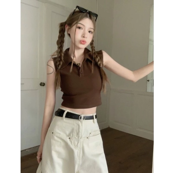 Retro Cổ POLO Áo Vest Không Tay Nữ Mùa Hè Đa Năng Rốn Lộ Slim Ngắn Slim Top