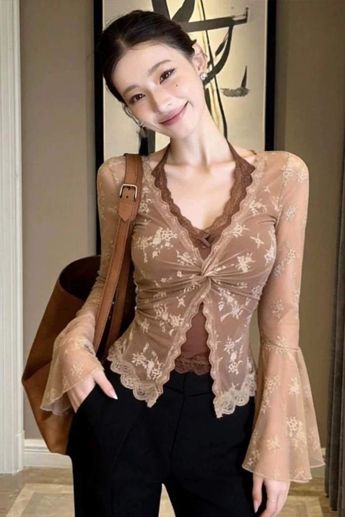 Áo cardigan ren cổ chữ V màu nâu có dây đeo mùa xuân dành cho nữ cao cấp
