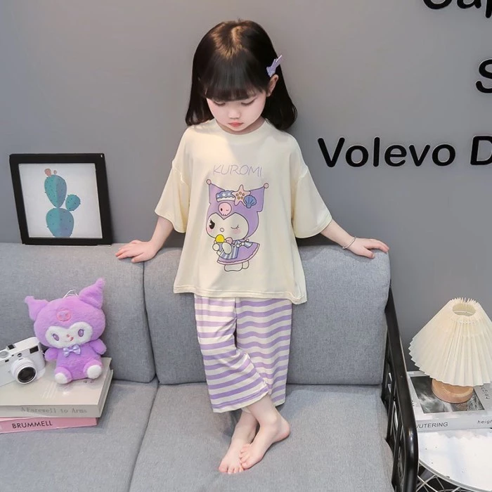 Bộ đồ ngủ bé gái lụa băng mùa hè quần áo mặc ở nhà mỏng hoạt hình trẻ em ngắn tay cho bé bộ đồ máy