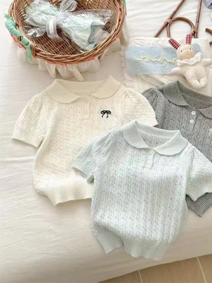 Quần áo bé gái mùa hè phong cách Hàn Quốc có nơ, tay ngắn, áo len thời trang