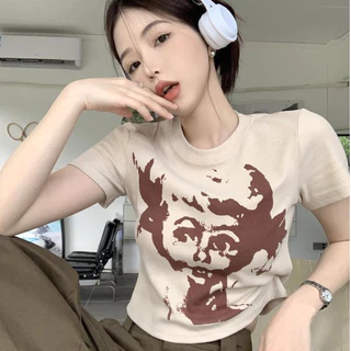 【WANG JIAO ZHAN】 Áo croptop tay ngắn in họa tiết cổ điển thời trang mới【9919】