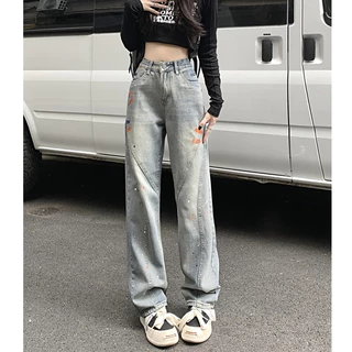 NUZIRO Quần jeans Dài Lưng Cao Ống Rộng Thời Trang Hàn Quốc Cho Nữ