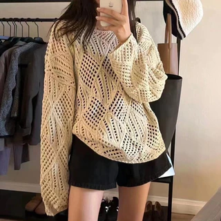 Áo Sweater Tay Dài Khoét Lỗ Mềm Mại Màu Trơn Họa Tiết Kẻ Sọc Phong Cách Hàn Quốc Cho Nữ