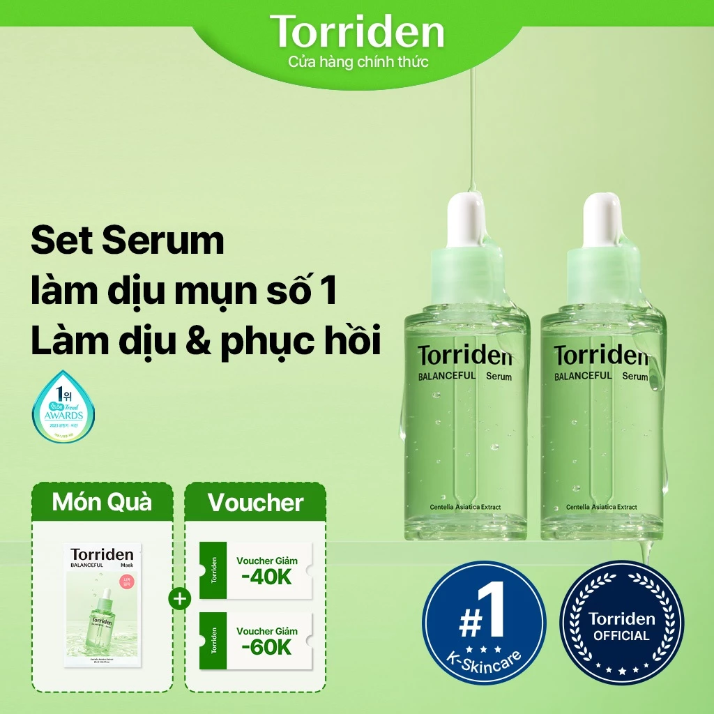 [Torriden Chính hãng] Set serum BALANCEFUL CICA chăm sóc bã nhờn và tế bào da chết, giảm mẩn đỏ, dành cho da mụn, 50ml+50ml, 1 set