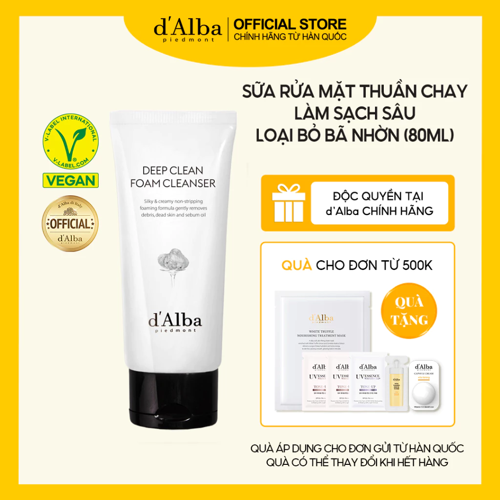 [d'Alba Official] Sữa rửa mặt thuần chay làm sạch sâu Deep Clean Foam Cleanser 80ml