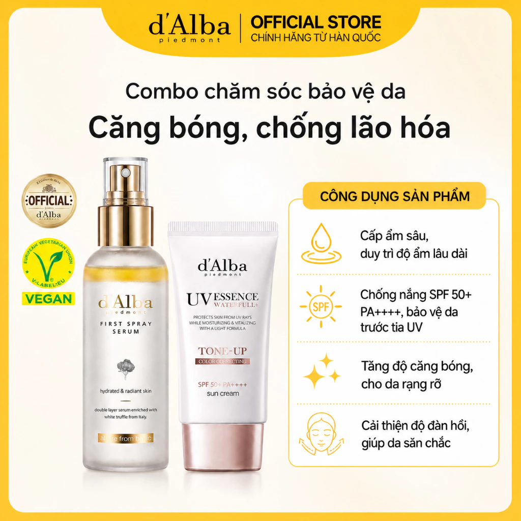 [d'Alba Official] Combo Bảo Vệ Chăm Sóc Da Căng Bóng Chống Lão Hóa  (First Spray Serum 100ml, Waterfull Tone-up Sun Cream 50ml)