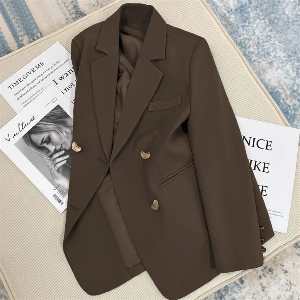 MEIQUIYI Áo Blazer nữ ba màu Nâu/xám/đen thiết kế trơn cúc dẹt