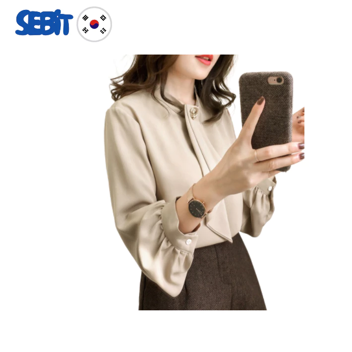 [Hàng có sẵn] Áo sơ mi kiểu Hàn Quốc tay phồng dài, áo blouse nữ cổ nơ thanh lịch công sở