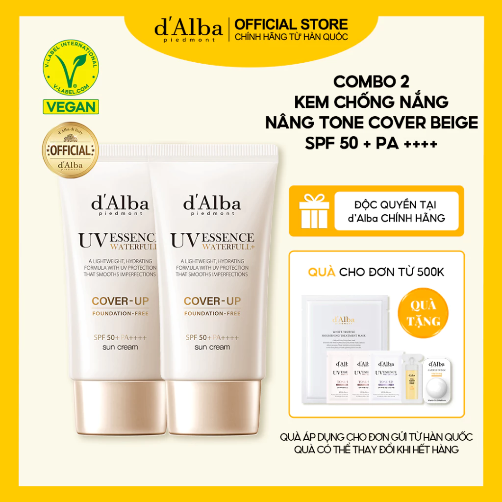 [d'Alba Official] Combo 2 kem chống nắng che phủ tự nhiên _ Waterfull Tone Up SunCream Cover Beige 50ml * 2ea