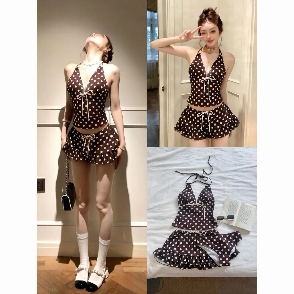 𝑀𝐸𝐼𝑄𝑈𝐼𝑌𝐼 🍒Set 3 món bikini chấm bi nâu mùa hè cho nữ