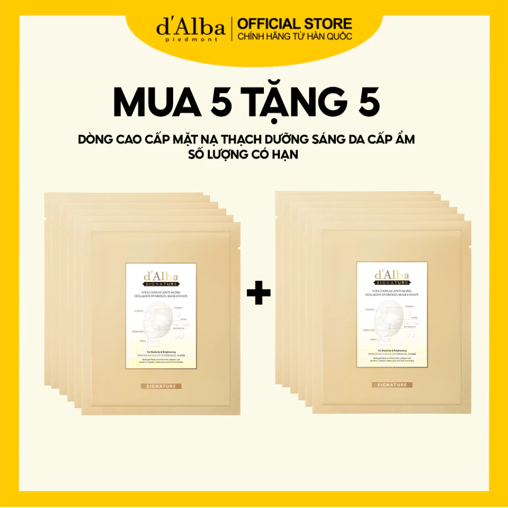[d'Alba Official] MUA 5 TẶNG 5 Mặt nạ thạch cao cấp dưỡng sáng da chống lão hóa Capsule Anti-Aging Collagen Hydrogel Mask 8 Shape