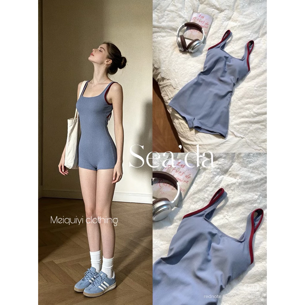 𝓜𝓮𝓲𝓺𝓾𝓲𝔂𝓲🍒 Bodysuit thể thao đi bơi, tắm biển xanh trơn viền đỏ phong cách năng động cho nữ
