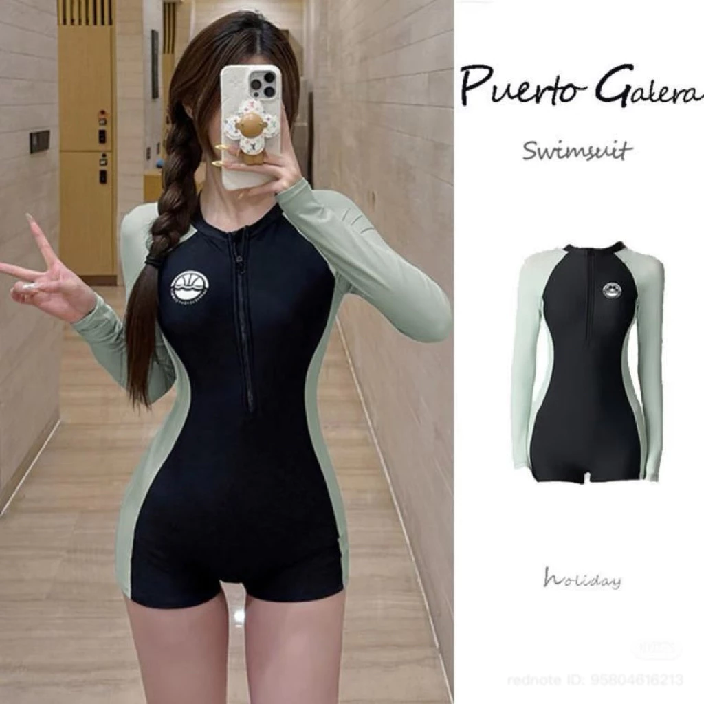 𝓜𝓮𝓲𝓺𝓾𝓲𝔂𝓲🥝Bodysuit đi bơi, tắm biển tay dài cho nữ thiết kế đường viền tôn eo tôn dáng