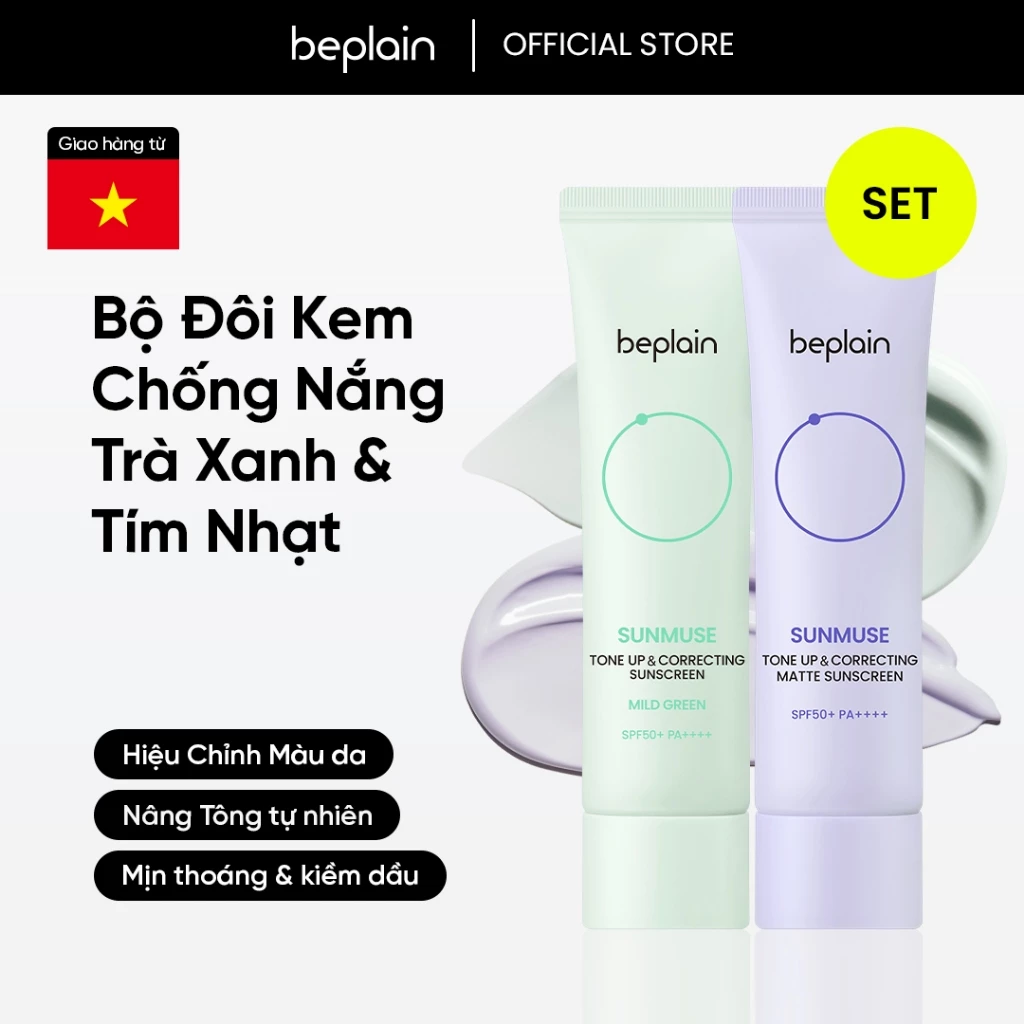 [Beplain Chính Hãng] [Combo độc quyền 50ml X2] Kem chống nắng BEPLAIN Sunmuse Matte Mịn lì SPF 50+ PA++++ 50mL & Kem chống nắng BEPLAIN Sunmuse thuần Vật Lý Trà Xanh, Nâng Tone & Che phủ vùng da đỏ SPF 50+ PA++++ 50ml Mild Green