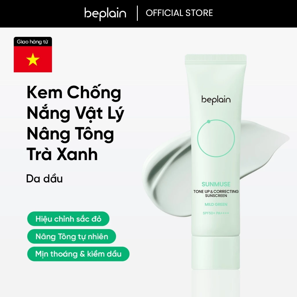 [Beplain Chính Hãng] Kem chống nắng BEPLAIN Sunmuse thuần Vật Lý Trà Xanh, Nâng Tone & Che phủ vùng da đỏ SPF 50+ PA++++ 50ml Mild Green