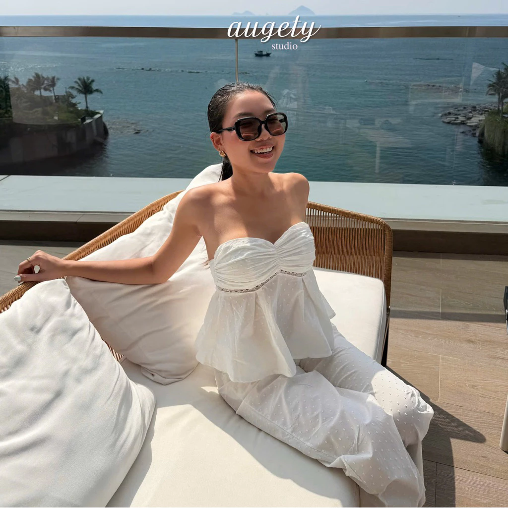 [MUA KÈM QUẦN GIẢM 30K] Áo Cúp Ngực Thắt Nơ Lưng Chun Phối Ren Dáng Xòe Vải Cotton Thêu Nổi Mát Augety Studio, LAIYA TOP