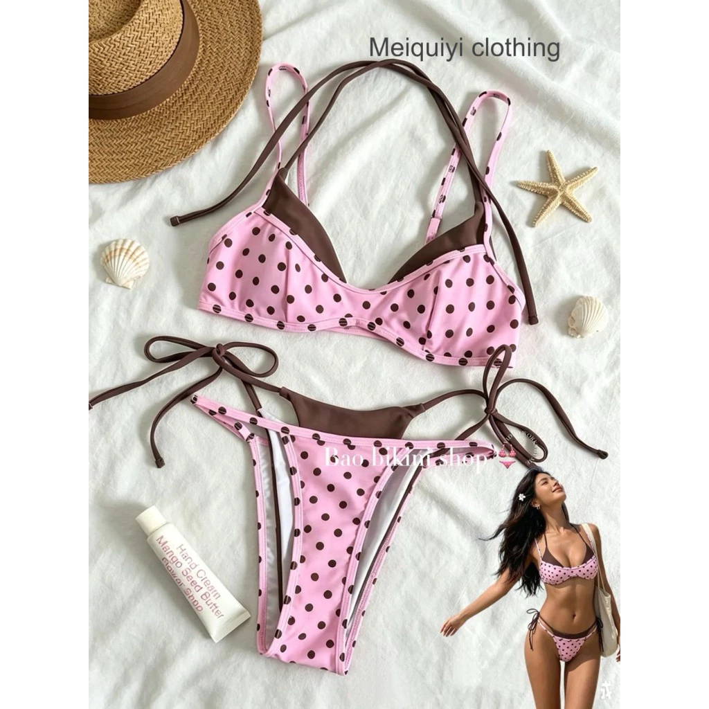 𝓜𝓮𝓲𝓺𝓾𝓲𝔂𝓲🥝Set Bikini hai mảnh cách điệu phối hai tone màu chấm bi phong cách năng động