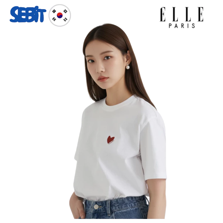 Áo thun [ELLE] Nữ Thêu Tim Cotton Trắng Basic Phong Cách Hàn Quốc Chính Hãng
