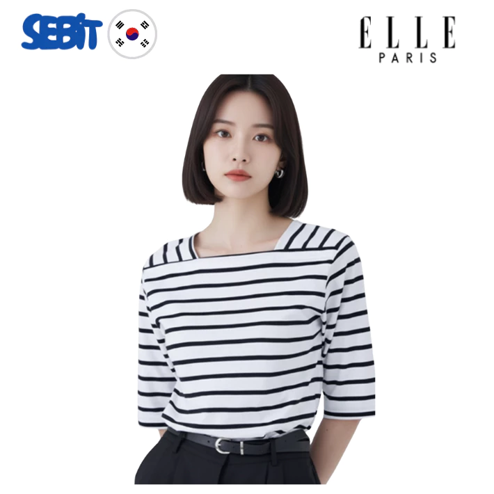 Áo thun [ELLE] Tay Lỡ Cổ Vuông Kẻ Sọc - Hàng Chính Hãng, 100% Cotton Phong Cách Hàn Quốc