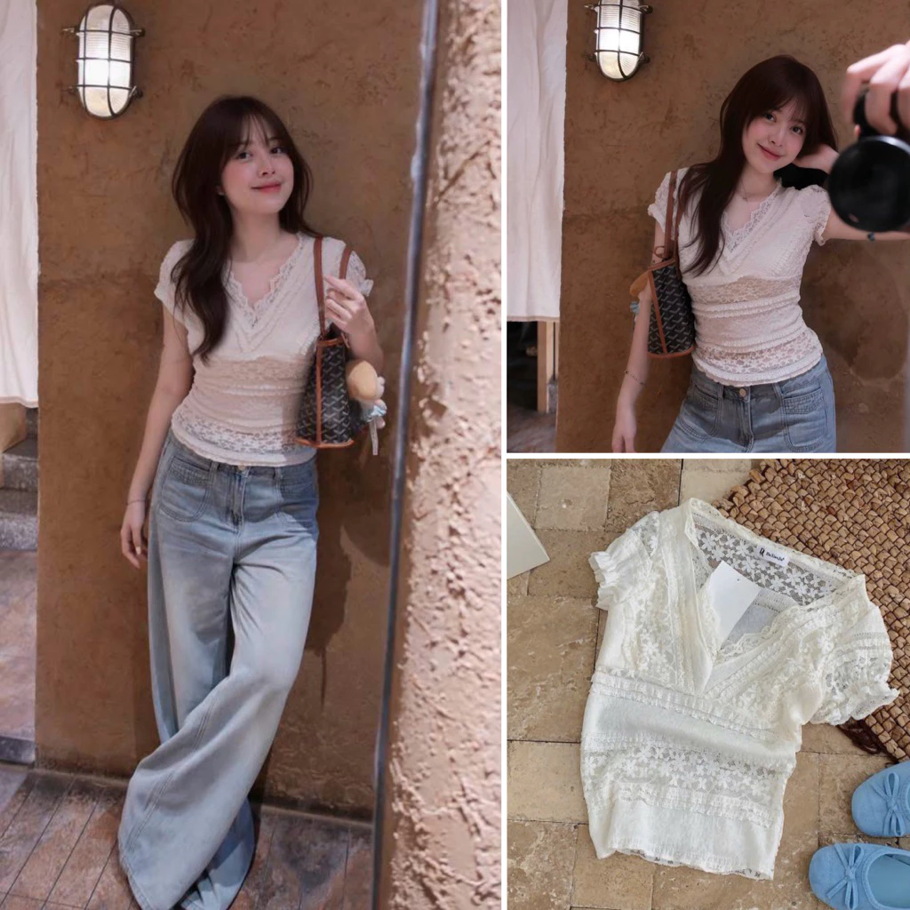 [Hàng sẵn] Áo cổ V ren kem bèo tầng tay bồng cộc tay MINJI A3819