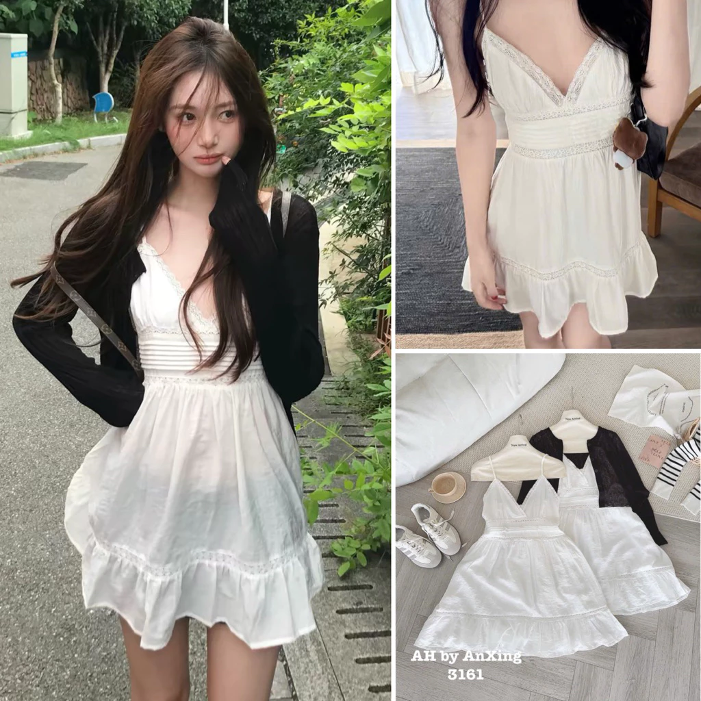 [HÀNG SẴN] Set váy hai dây đũi ren cổ V trắng 2 lớp kèm áo khoác cardigan mỏng đen “Emxinh” 3161